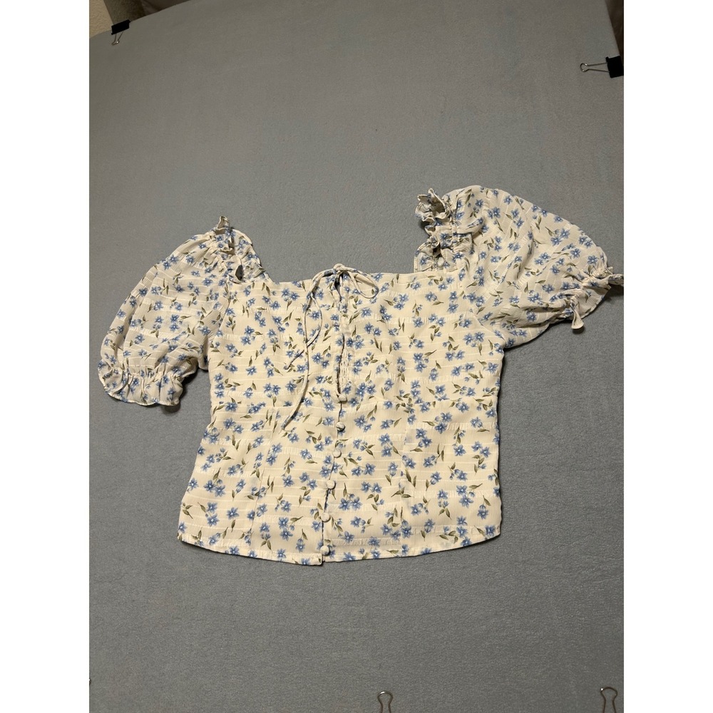 Lulus Floral Puff Sleeve Top Cream Blue Square Neck Smocked Back Blouse Small